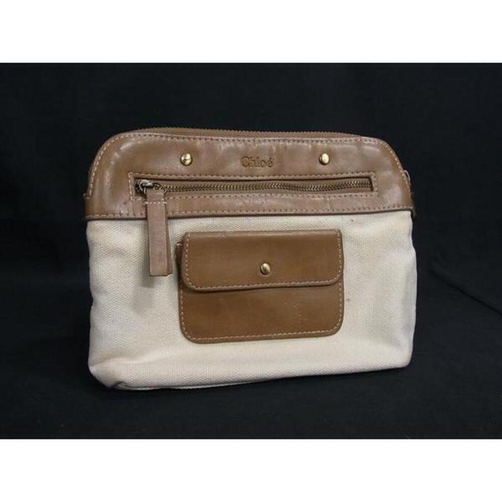 Chloe Canvas Leather Clutch Bag Shoulder Clutch Multi Ivory White